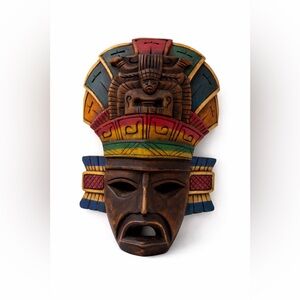 Vtg Hand Carved Mexican Wooden Mask Aztec Tribal Wall Art Hand Painted Decor 14"